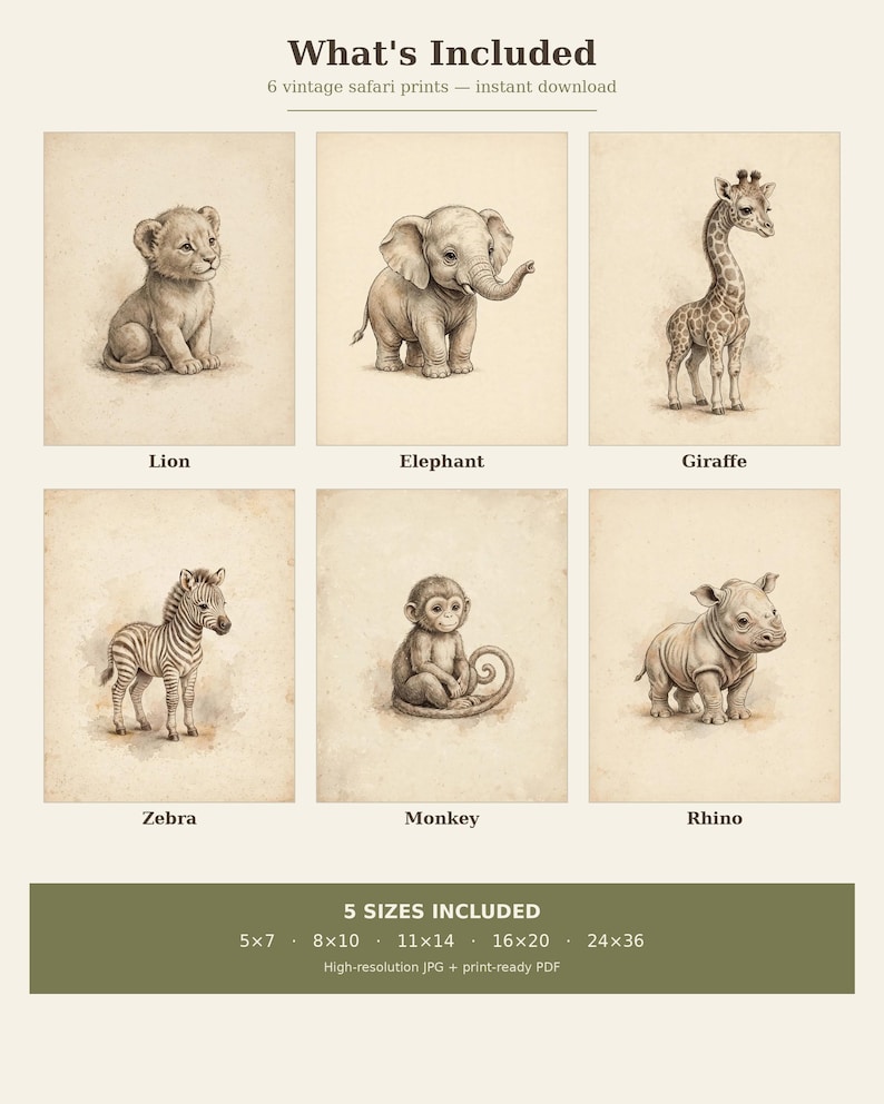 Safari Nursery Decor Printable | 6 Vintage Jungle Animal Wall Art ...