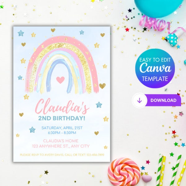 Rainbow Birthday Invitation Colorful Pastel Rainbow Party Invite Rainbow of Fun Gold Stars Sprinkle Girl Editable Printable Download