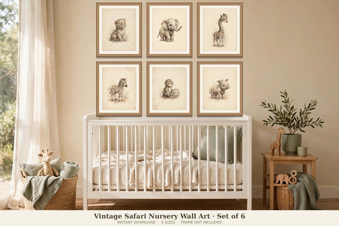 Safari Nursery Decor Printable | 6 Vintage Jungle Animal Wall Art ...
