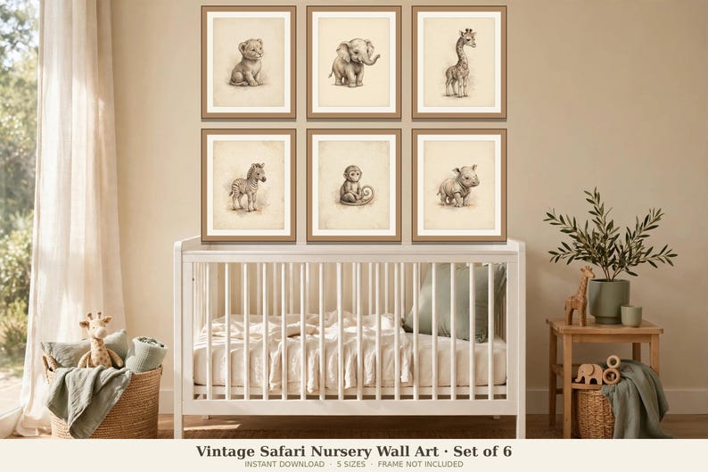 Safari Nursery Decor Printable | 6 Vintage Jungle Animal Wall Art ...