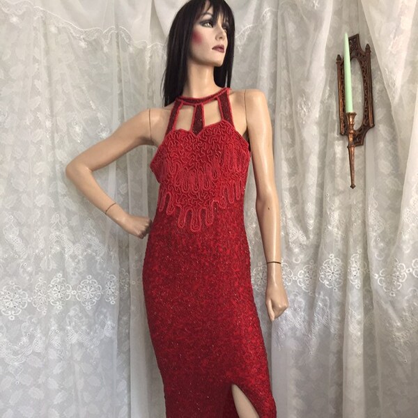 Red Beaded Halter Neck Tulle Dress main image 1