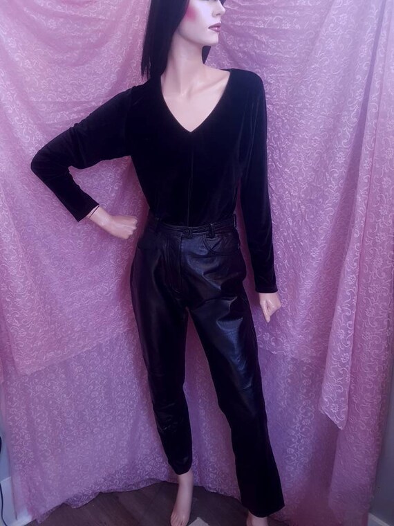 80s Black High Waist Leather Panel Straight Leg Pa