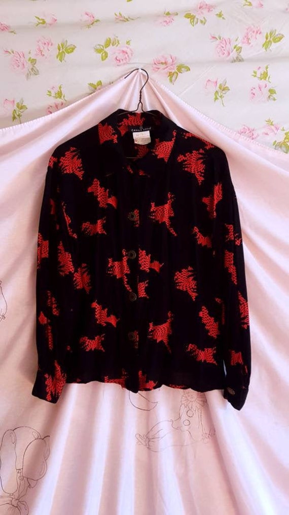 Psychedelic Red & Black Checkered Print Blouse 70s