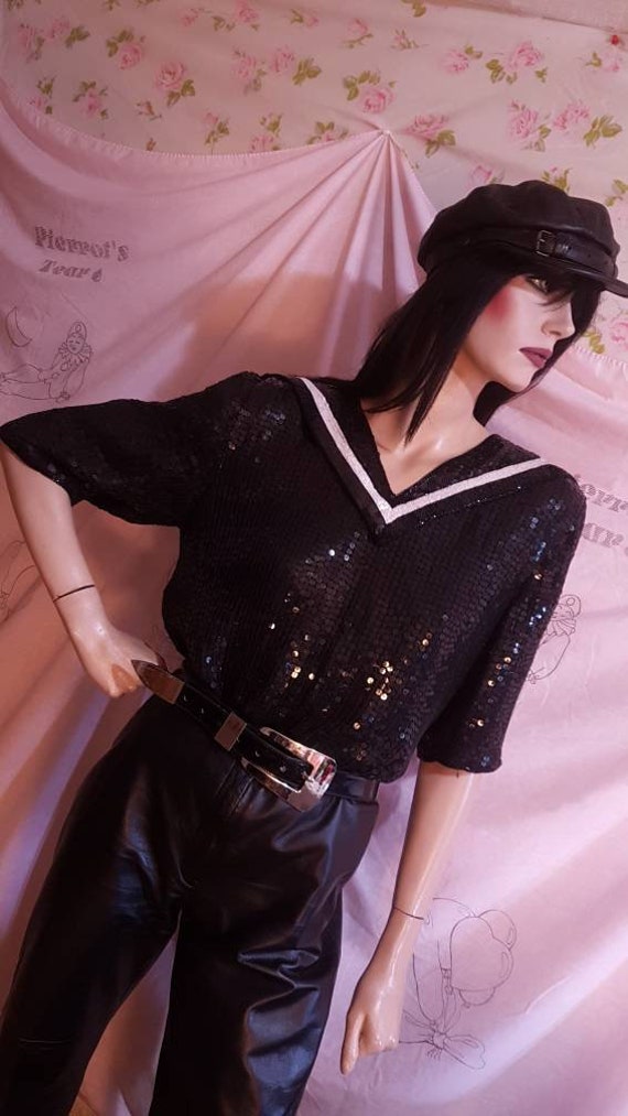 Black Sequin Sailor Collar Blouse 80s