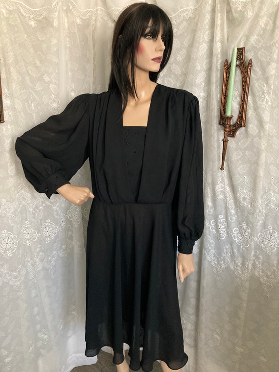 80’s Black Sheer Beaded Ruffle Blouse Dress