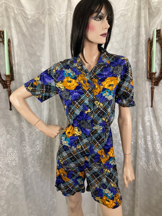 80s Gold & Sapphire Rose Plaid Print Playsuit