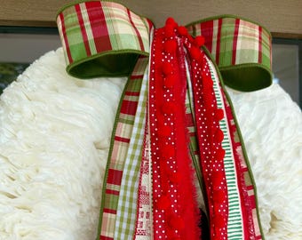 Christmas Village Ribbon Bundle | Red Green Plaid Pom Pom Trim Wreath Bow