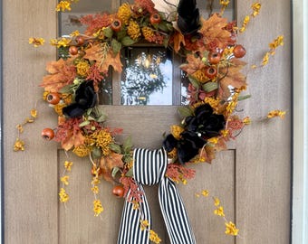 Fall Wreath with Black Flowers & Striped Sash