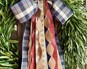 Autumn Plaid with Pumpkins Ribbon Bundle Wreath Bow with a clip - 24” Long