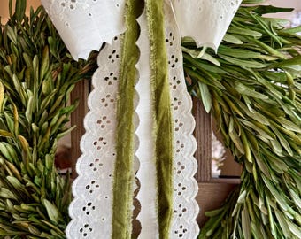 Olive Velvet Cottage Ribbon Bundle | Olive Green Velvet, Ivory Eyelet Ribbon, Farmhouse Decor