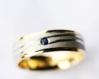 Vintage style wedding ring, Sapphire Engagement gold ring, Matching Wedding rings set, Personalized Engraved rings, Mens textured band