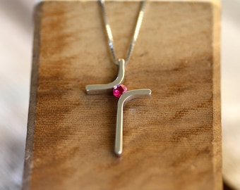 Gold Ruby Cross, White gold elegant cross, Baby jewelry christening, Baptism dainty Gold Cross necklace for girls