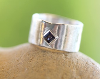 Square Iolite on Silver wide ring, Personalised Engagement Bold Jewellery for men, Wide Engraved ring