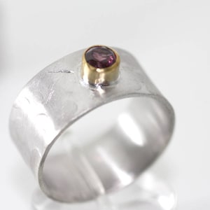 Tourmaline Sterling Silver ring, White gold plated band, Gold 14k bezel ring, Christmas gift for her, Handmade hammered band