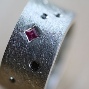 Multi-stone Rings, Black Diamond ring, Princess cut Rubies wide band, Handmade textured band, Black-Rhodium plated ring Christmas gift