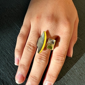 Unique Sterling Silver Gold Plated Ring with Peridot and Amethyst - Birthstone Jewelry Gift - Elegant Christmas Statement Gemstone Ring