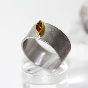 Handmade Citrine Marquise Ring: Sterling Silver Band, 14k Gold Bezel