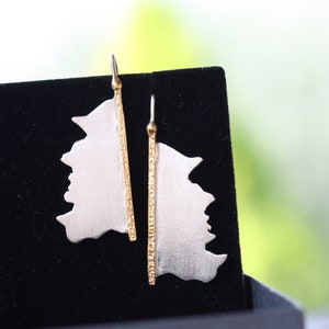 Gold Plated Earrings for Women Geometric Style Frozen Finish, White and Yellow Sterling Silver Dangle Christmas earrings, Best friend gift, image 5