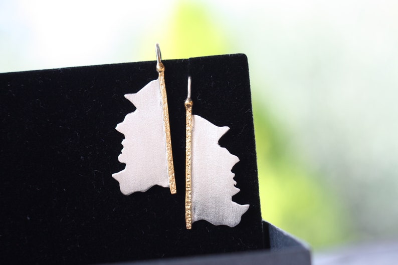 Gold Plated Earrings for Women Geometric Style Frozen Finish, White and Yellow Sterling Silver Dangle Christmas earrings, Best friend gift, image 5