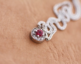 Ruby Diamond Pendant, white gold K18 Necklace, July birthstone, diamond pendant, white gold 18K diamond pendant, Grandmothers Day Gift