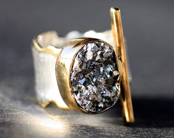 Handcrafted Iron Pyrite Sterling Silver Ring - Gold Plated Statement Ring
