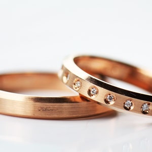 Gold wedding band set, Set of Rose gold 14K plain and eternity diamonds ring, Matching Wedding rings for couples, Promise gold ring