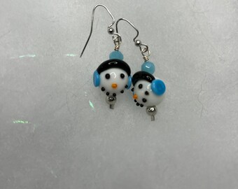 Snowman Earrings, White and Blue Earrings, Holiday Earrings, Winter Earrings