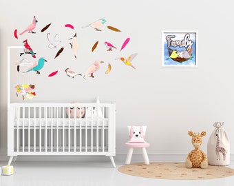 Bird Themed Baby Nursery Kit - Common Bird Backdrop Decor - Cute Framed Prints and Baby Mobile