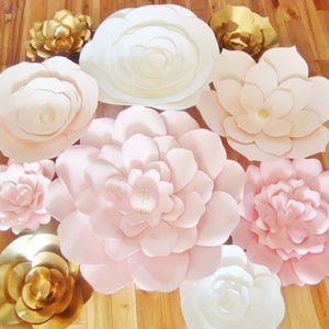 Paper Flower Wall Backdrop Wedding Flowers Display Pink White Gold set of 10 image 8