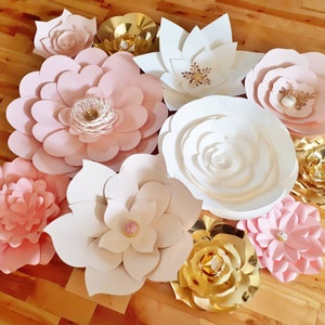 Paper Flower Wall Backdrop Wedding Flowers Display Pink White Gold set of 10 image 1