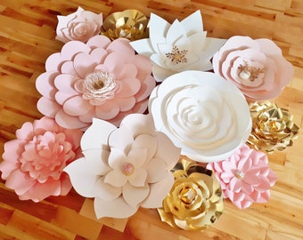 Paper Flower Wall Backdrop - Wedding Flowers Display - Pink White Gold (set of 10)