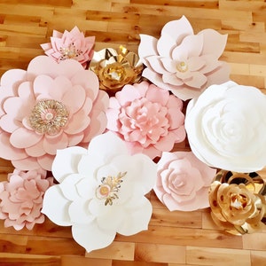 Paper Flower Wall Backdrop Wedding Flowers Display Pink White Gold set of 10 image 2