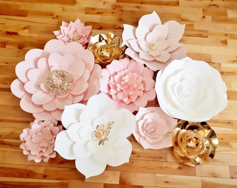 Paper Flower Wall Backdrop Wedding Flowers Display Pink White Gold set of 10 image 2