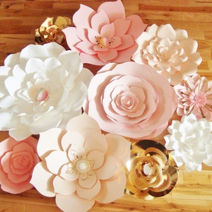 Paper Flower Wall Backdrop Wedding Flowers Display Pink White Gold set of 10 image 4