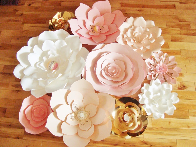 Paper Flower Wall Backdrop Wedding Flowers Display Pink White Gold set of 10 image 4