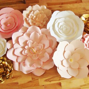 Paper Flower Wall Backdrop Wedding Flowers Display Pink White Gold set of 10 image 6