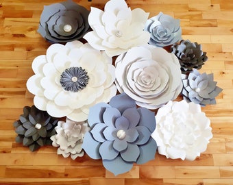 Large Paper Flower Wall Set - Baby Nursery Flower Decor - Grey (Set of 11)