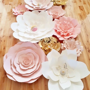 Paper Flower Wall Backdrop Wedding Flowers Display Pink White Gold set of 10 image 9