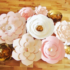 Paper Flower Wall Backdrop Wedding Flowers Display Pink White Gold set of 10 image 5