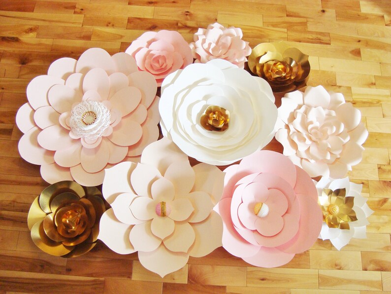 Paper Flower Wall Backdrop Wedding Flowers Display Pink White Gold set of 10 image 5