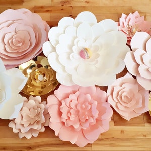 Paper Flower Wall Backdrop Wedding Flowers Display Pink White Gold set of 10 image 3