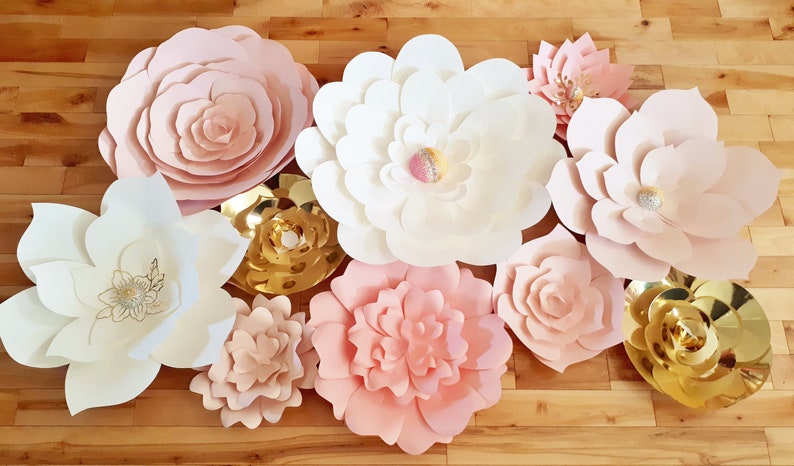 Paper Flower Wall Backdrop Wedding Flowers Display Pink White Gold set of 10 image 3