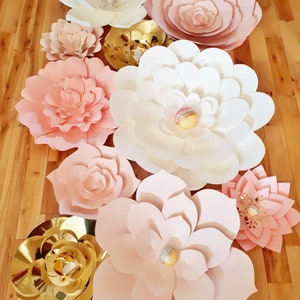 Paper Flower Wall Backdrop Wedding Flowers Display Pink White Gold set of 10 image 10