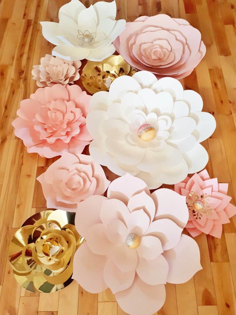 Paper Flower Wall Backdrop Wedding Flowers Display Pink White Gold set of 10 image 10