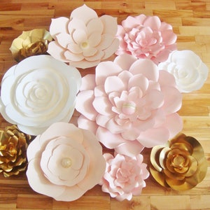 Paper Flower Wall Backdrop Wedding Flowers Display Pink White Gold set of 10 image 7