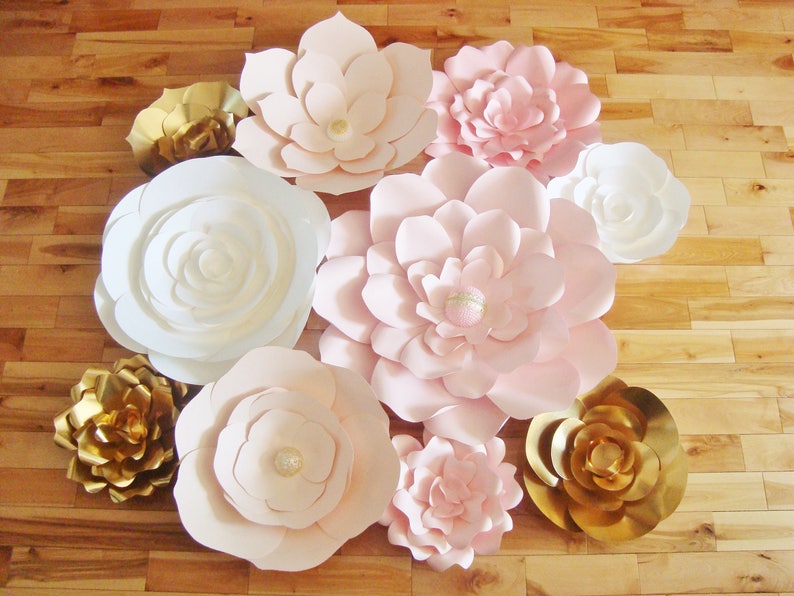 Paper Flower Wall Backdrop Wedding Flowers Display Pink White Gold set of 10 image 7