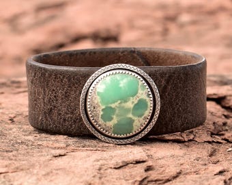 Sterling Silver and Lucien Variscite Leather Cuff - Sterling Silver - Handmade Variscite Bracelet - Recycled Leather - Roca Jewelry Designs
