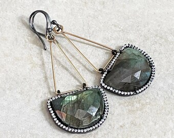 Faceted Labradorite and Cubic Zirconia Half Moon Earrings - Gold and Silver - Mixed Metal Artisan Earrings -  Roca Jewelry Designs