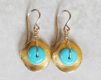 Gold Disc Earrings with Turquoise - Turquoise and Gold Earrings - Gold Drop Earrings - Gold and Turquoise Earrings - Roca Jewelry Designs