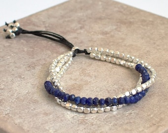 Sterling Silver Multi Strand Bracelet - Faceted Lapis - Multi Strand Bracelet - Beaded Bracelet - Lapis Bracelet - Roca Jewelry Designs